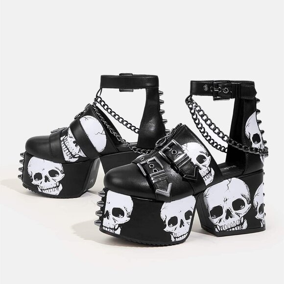 ⚡Women's Skull Design Silver Spiked Studs Chunky Platform Black Wedges Shoes - Picture 2 of 7